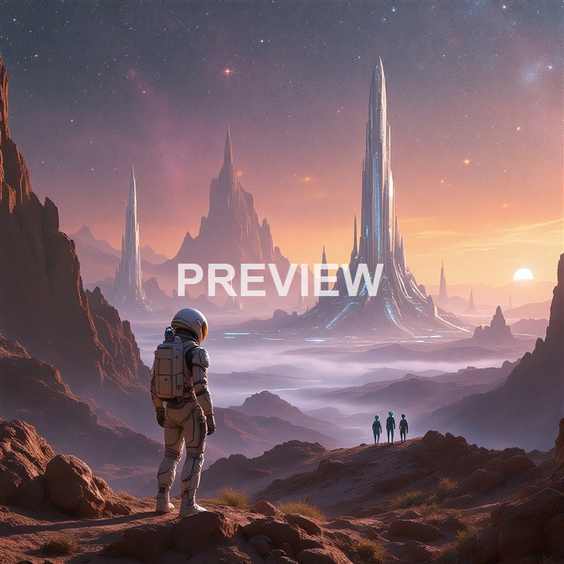 An astronaut standing on rocky terrain observing a futuristic landscape with towering crystalline structures, distant mountains, and a setting sun under a starry sky.